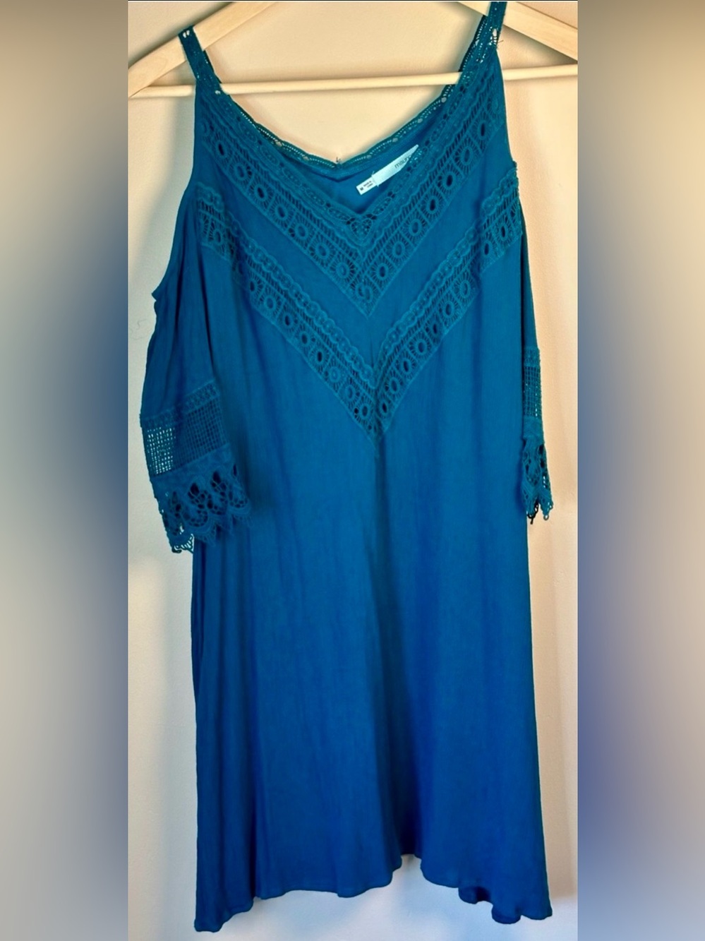 Maurices Teal Cold Shoulder Dress Medium Crochet Lace Boho Bell Sleeve